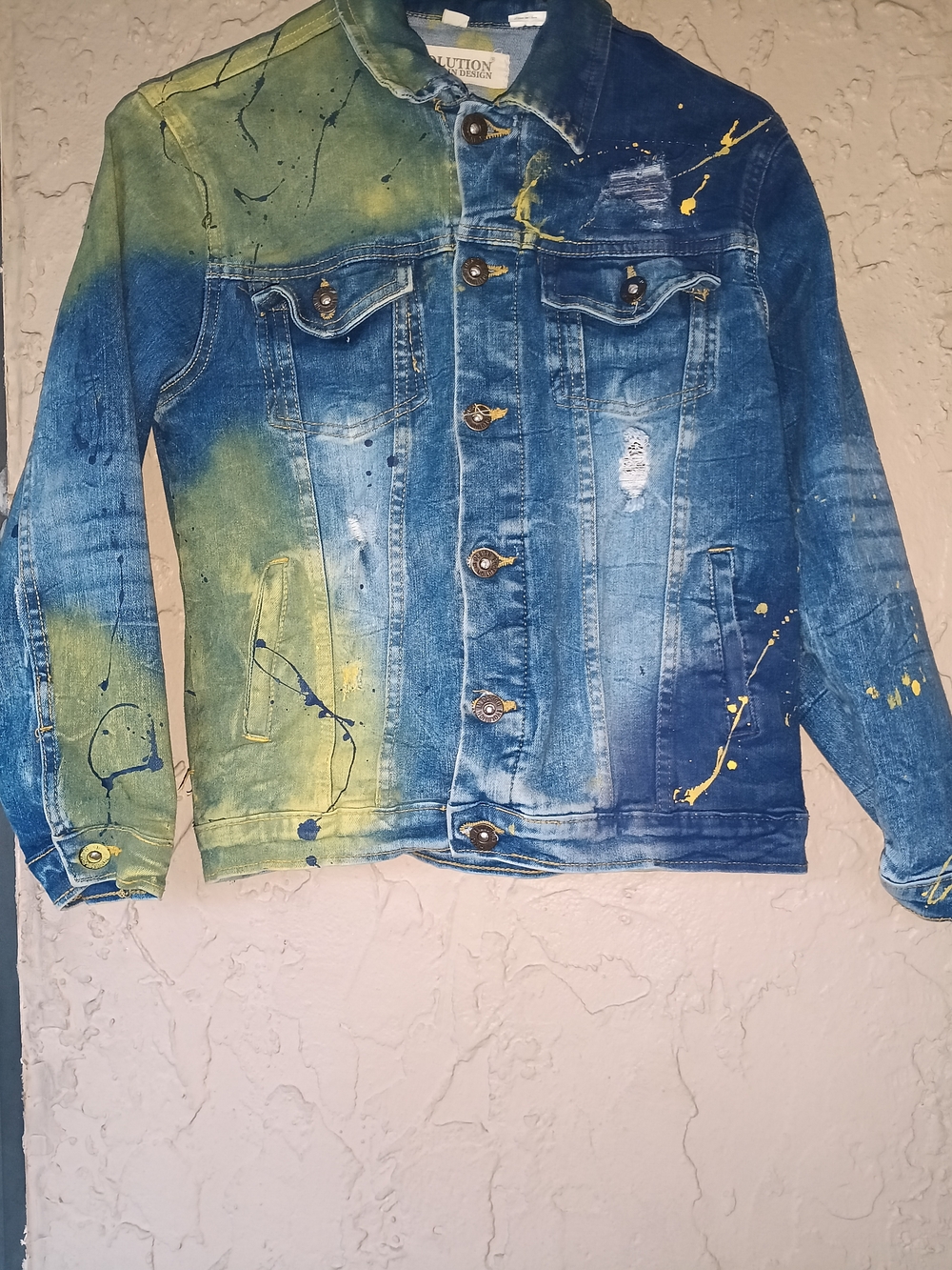 Boys Paint-Splattered Blue Denim Jacket with Yellow & Green Accents